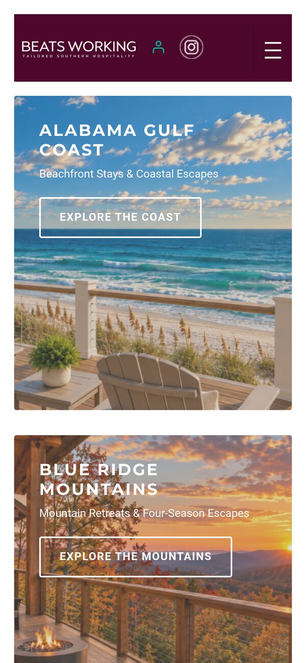 The Beats Working homepage on a phone, showing the Alabama Gulf Coast and Blue Ridge Mountains tiles